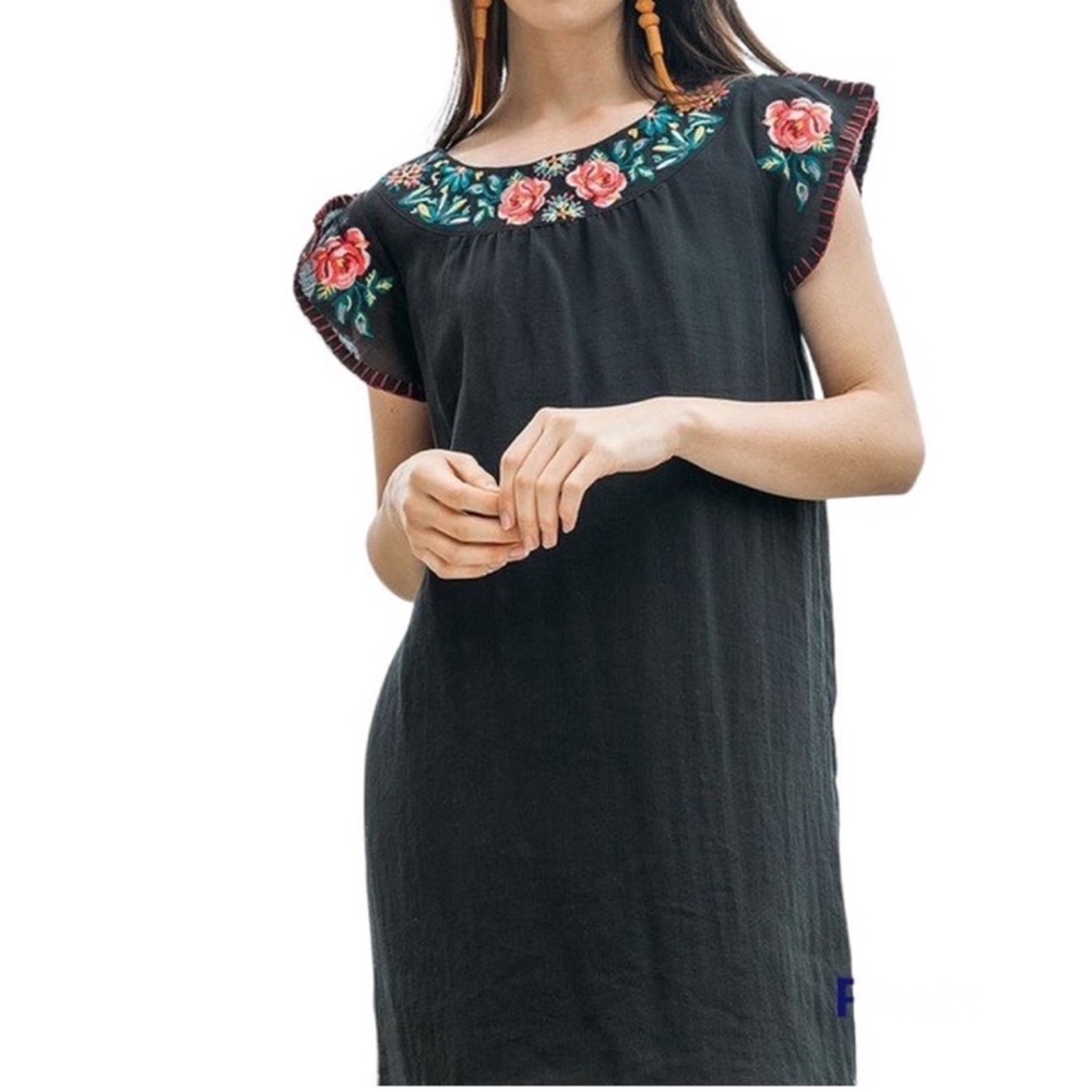 THML Black floral embroidered dress